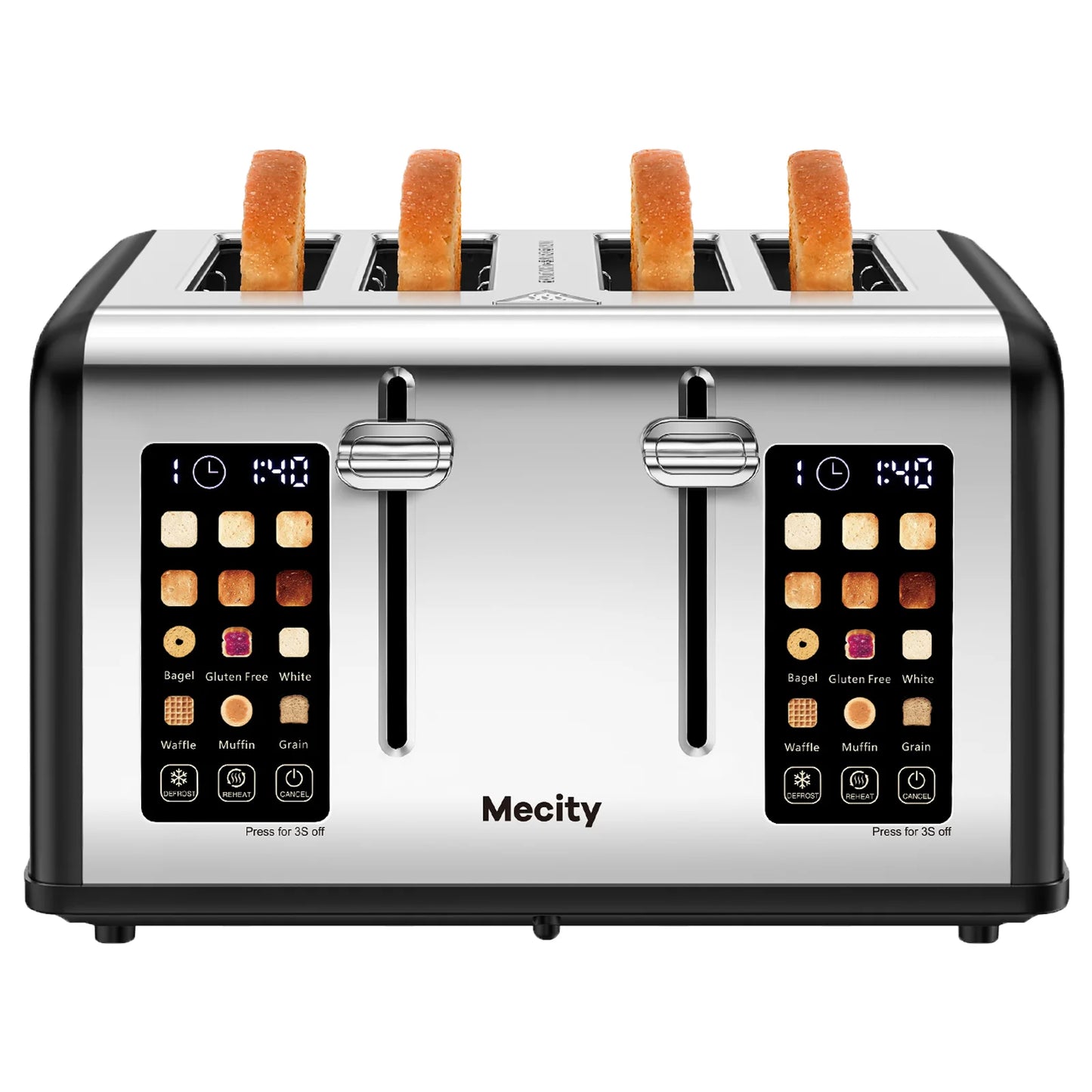 4-Slice Touchscreen Toaster, Stainless Steel, Countdown Timer, 6 Browning & Shade Settings, 4 Wide Slots, Reheat/Cancel/Defrost Functions, Removable Crumb Tray, Matte Black