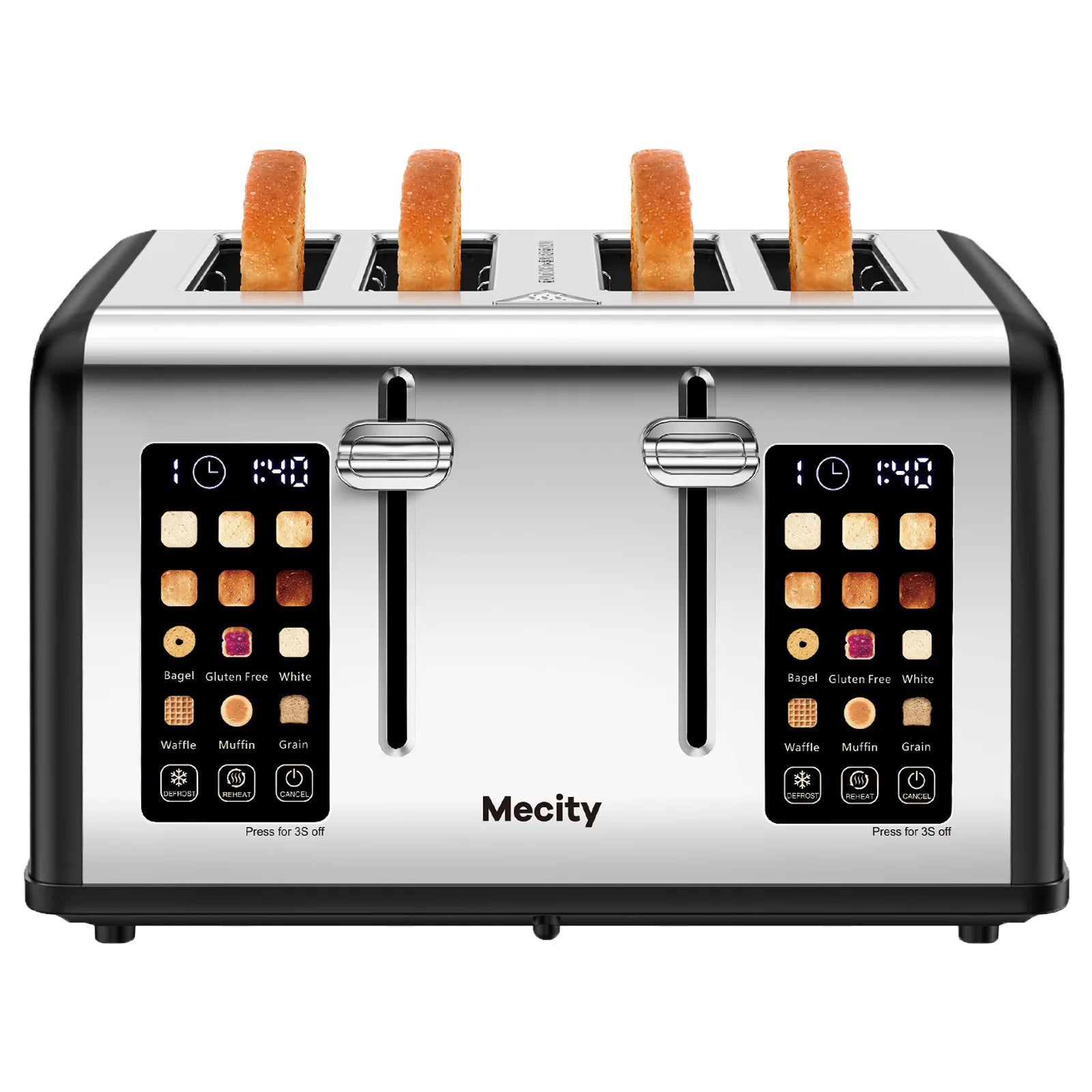 4-Slice Touchscreen Toaster, Stainless Steel, Countdown Timer, 6 Browning & Shade Settings, 4 Wide Slots, Reheat/Cancel/Defrost Functions, Removable Crumb Tray, Matte Black