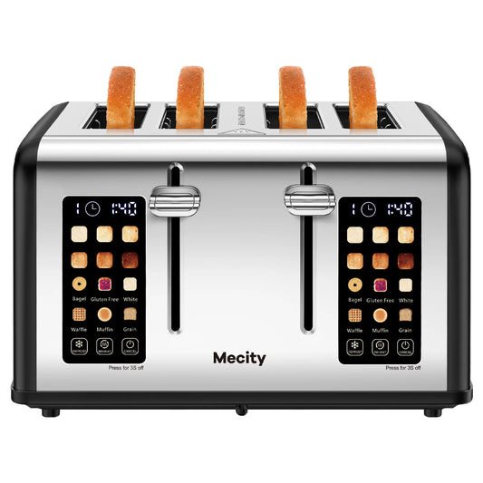 4-Slice Touchscreen Toaster, Stainless Steel, Countdown Timer, 6 Browning & Shade Settings, 4 Wide Slots, Reheat/Cancel/Defrost Functions, Removable Crumb Tray, Matte Black
