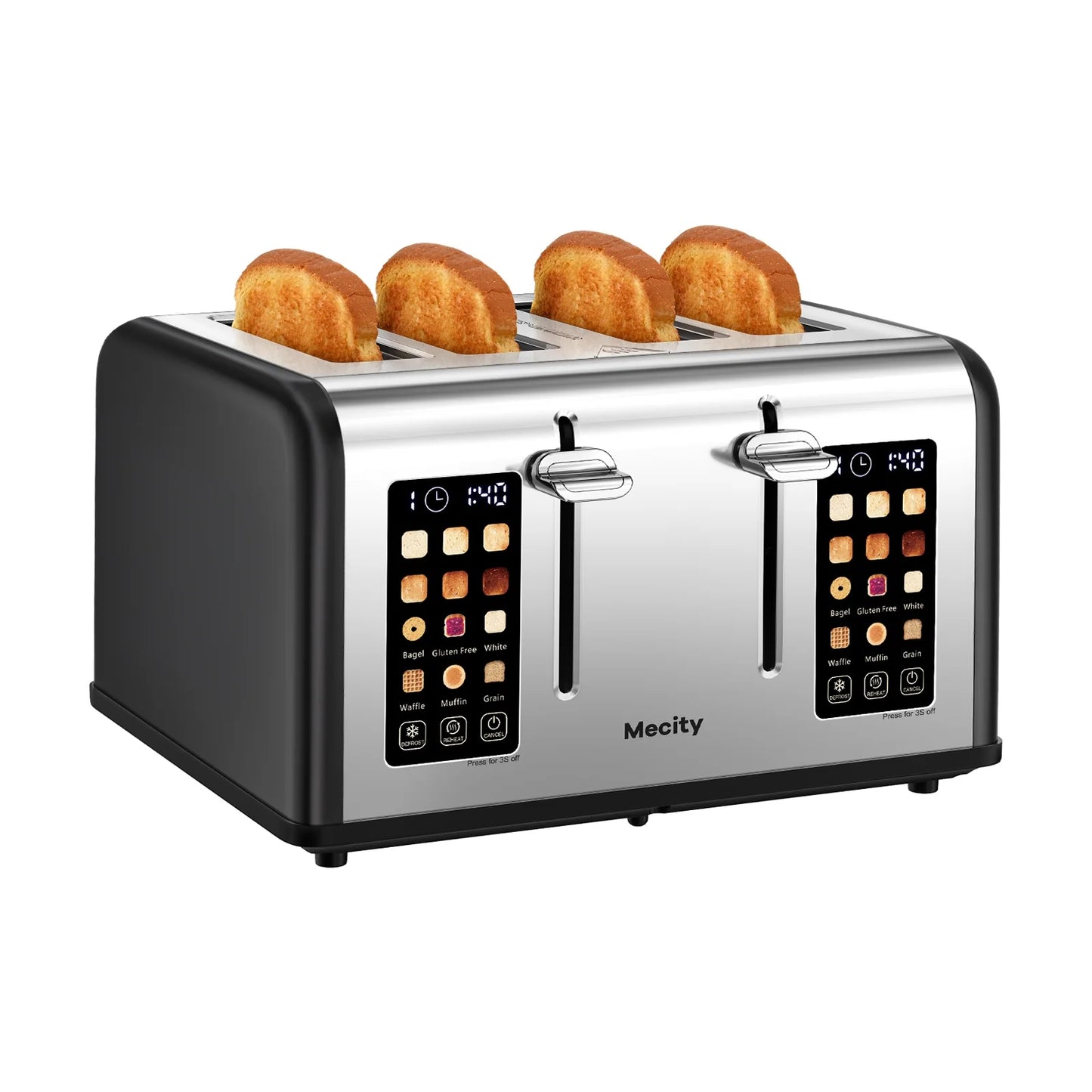 4-Slice Touchscreen Toaster, Stainless Steel, Countdown Timer, 6 Browning & Shade Settings, 4 Wide Slots, Reheat/Cancel/Defrost Functions, Removable Crumb Tray, Matte Black