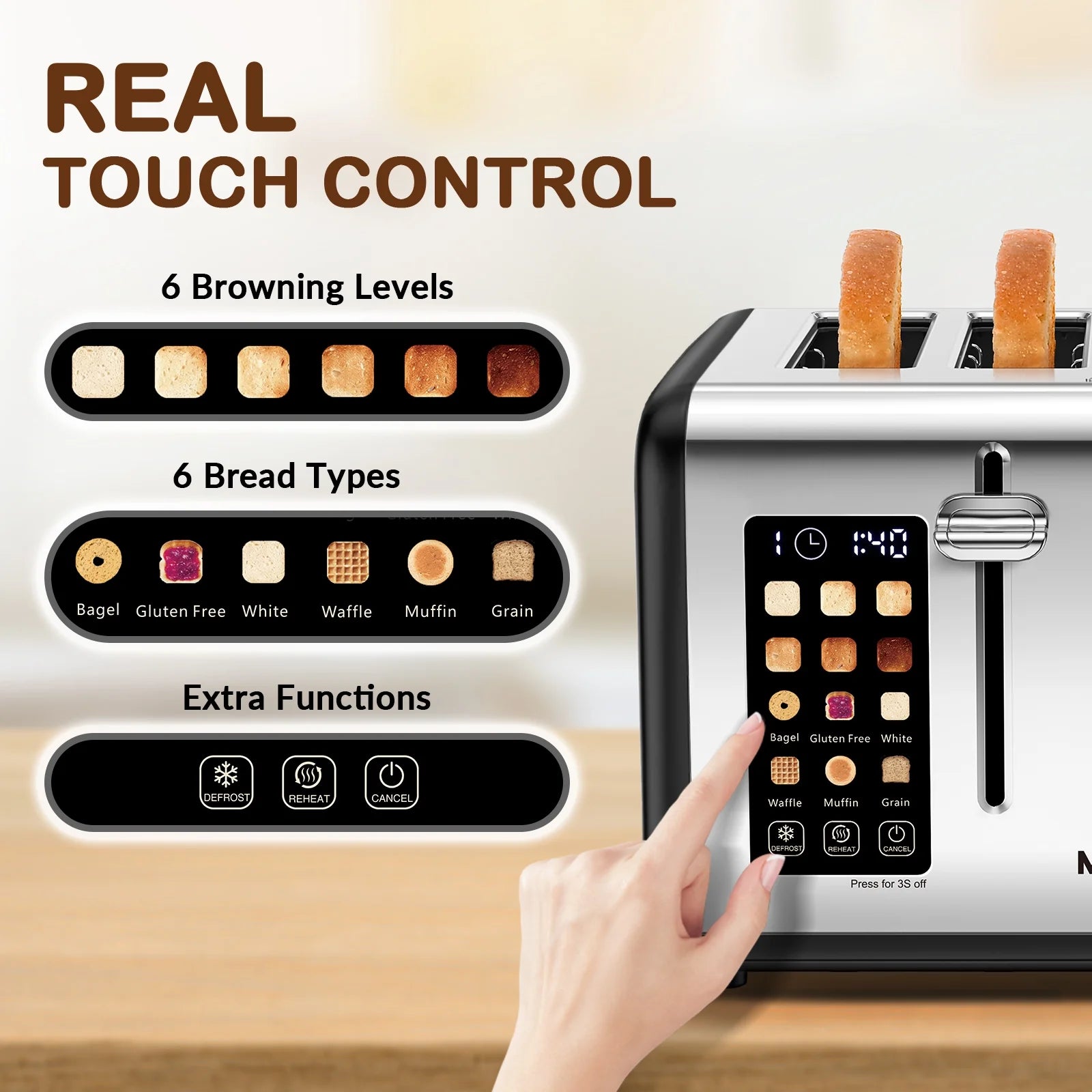 4-Slice Touchscreen Toaster, Stainless Steel, Countdown Timer, 6 Browning & Shade Settings, 4 Wide Slots, Reheat/Cancel/Defrost Functions, Removable Crumb Tray, Matte Black