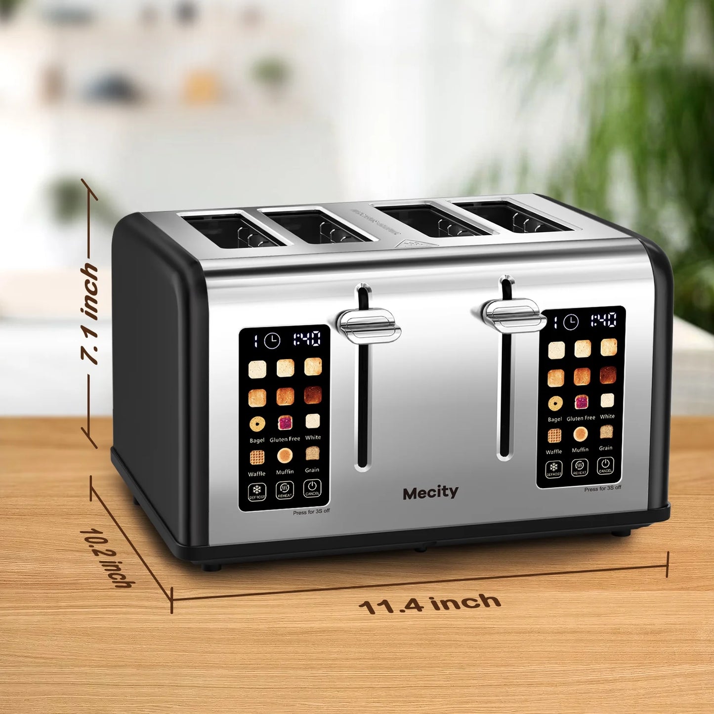 4-Slice Touchscreen Toaster, Stainless Steel, Countdown Timer, 6 Browning & Shade Settings, 4 Wide Slots, Reheat/Cancel/Defrost Functions, Removable Crumb Tray, Matte Black
