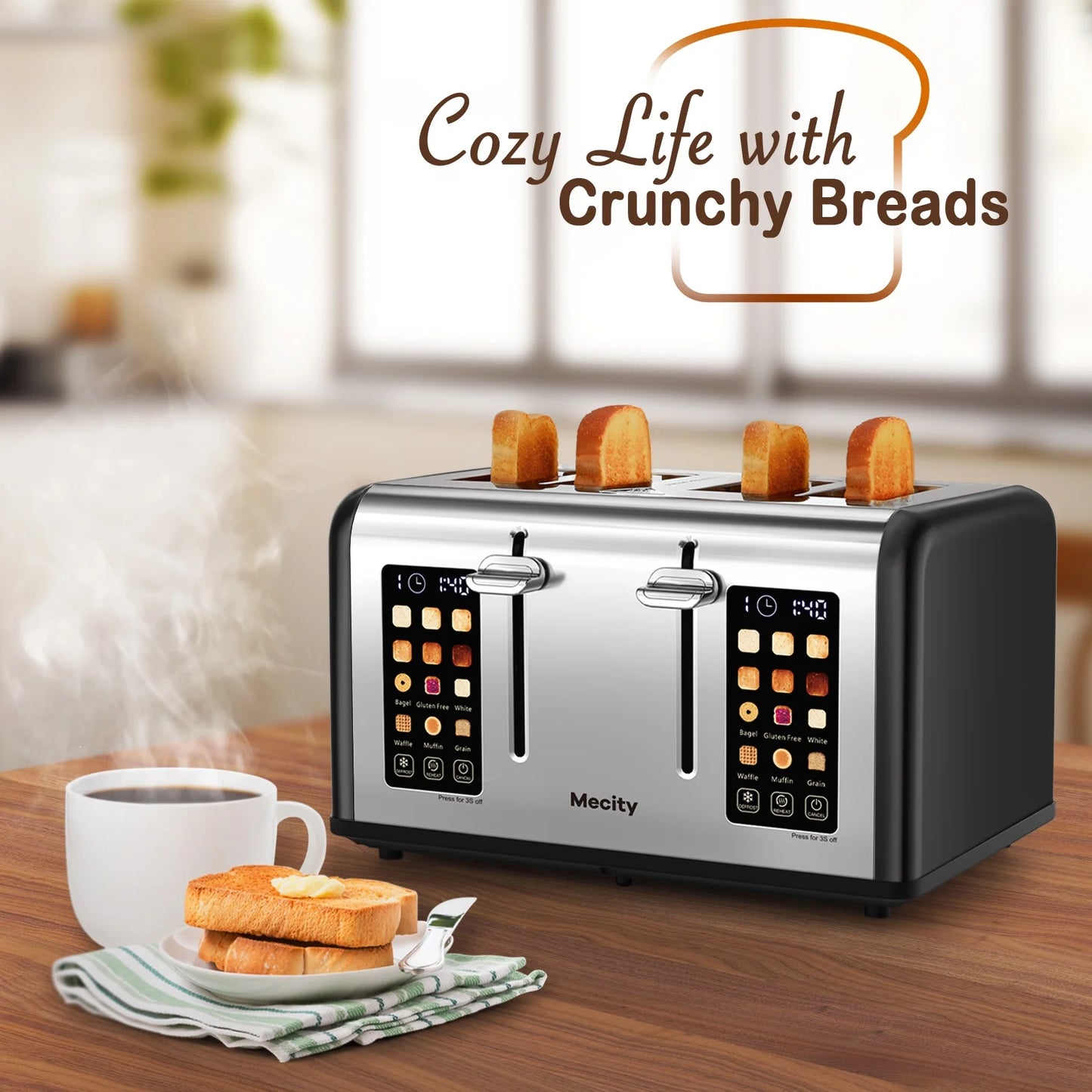 4-Slice Touchscreen Toaster, Stainless Steel, Countdown Timer, 6 Browning & Shade Settings, 4 Wide Slots, Reheat/Cancel/Defrost Functions, Removable Crumb Tray, Matte Black