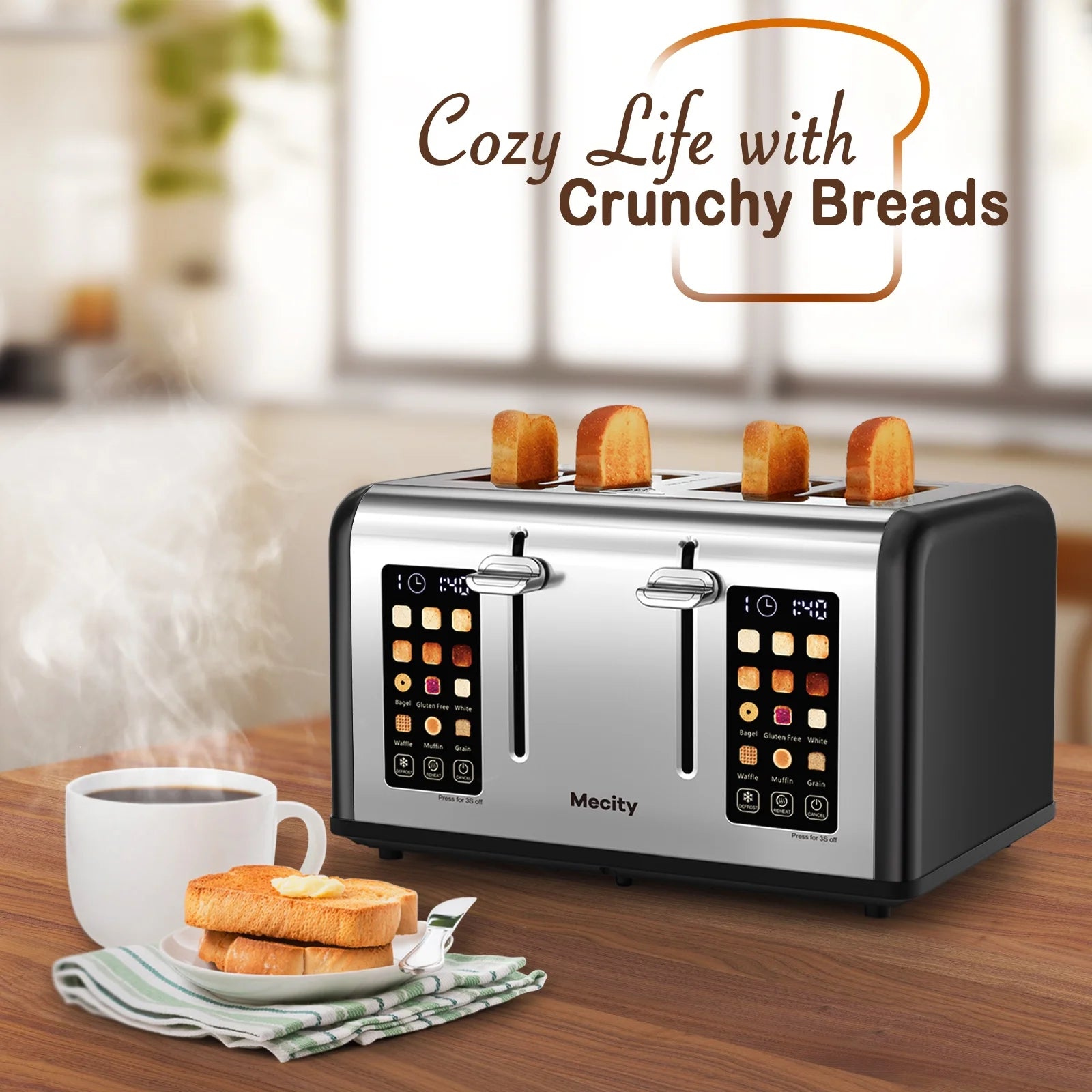 4-Slice Touchscreen Toaster, Stainless Steel, Countdown Timer, 6 Browning & Shade Settings, 4 Wide Slots, Reheat/Cancel/Defrost Functions, Removable Crumb Tray, Matte Black