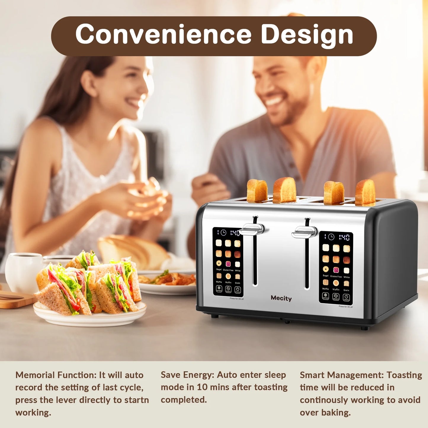 4-Slice Touchscreen Toaster, Stainless Steel, Countdown Timer, 6 Browning & Shade Settings, 4 Wide Slots, Reheat/Cancel/Defrost Functions, Removable Crumb Tray, Matte Black