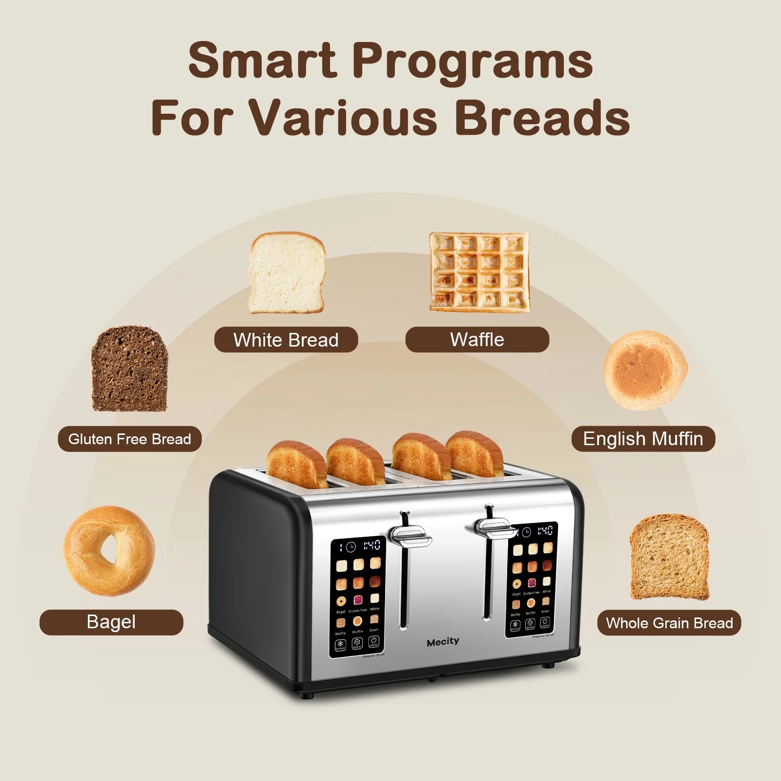 4-Slice Touchscreen Toaster, Stainless Steel, Countdown Timer, 6 Browning & Shade Settings, 4 Wide Slots, Reheat/Cancel/Defrost Functions, Removable Crumb Tray, Matte Black