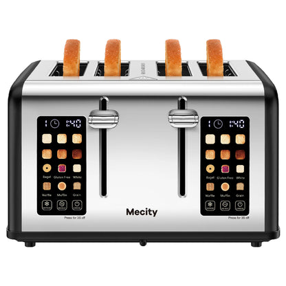 4-Slice Touchscreen Toaster, Stainless Steel, Countdown Timer, 6 Browning & Shade Settings, 4 Wide Slots, Reheat/Cancel/Defrost Functions, Removable Crumb Tray, Matte Black